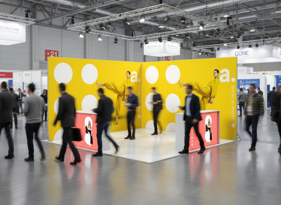 Stoisko targowe z żółtymi ściankami w kropki i podświetlanymi trybunkami, przy którym przechodzą uczestnicy wydarzenia.