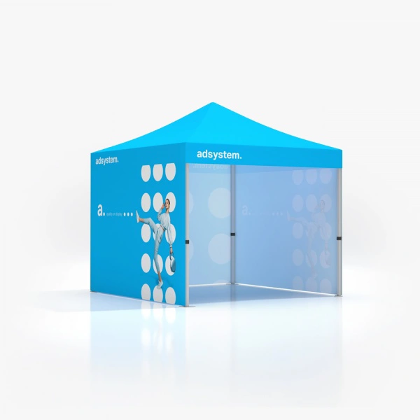 Namiot reklamowy Express o aluminiowym stelazu z niebieskim dachem.