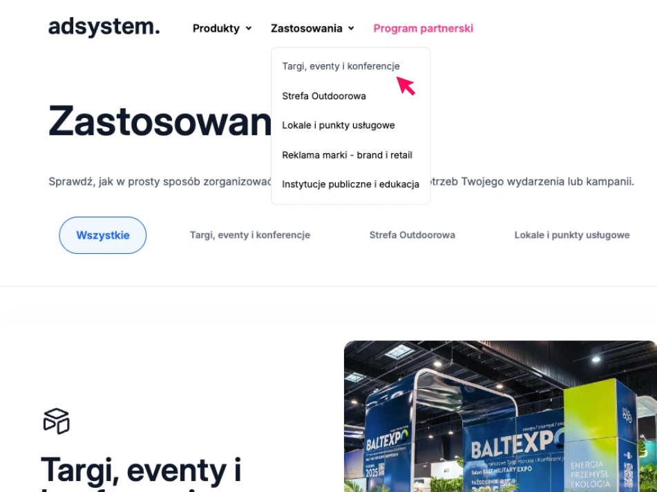 Menu na stronie adsystem z rozwijaną listą Zastosowania – krok w procesie wyboru produktów do targów, eventów lub lokali.