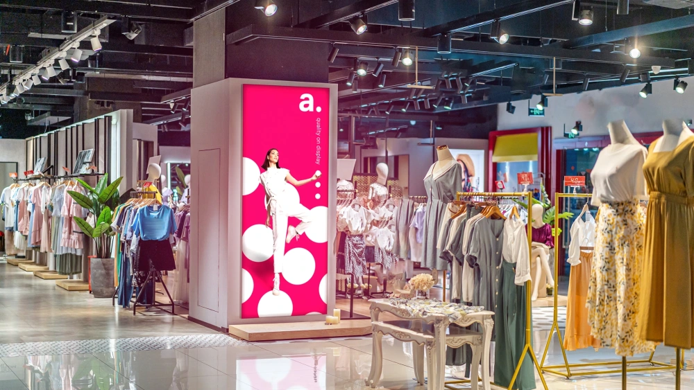 Podświetlany kaseton LED z modową grafiką promocyjną ustawiony wewnątrz eleganckiego butiku odzieżowego w centrum handlowym.