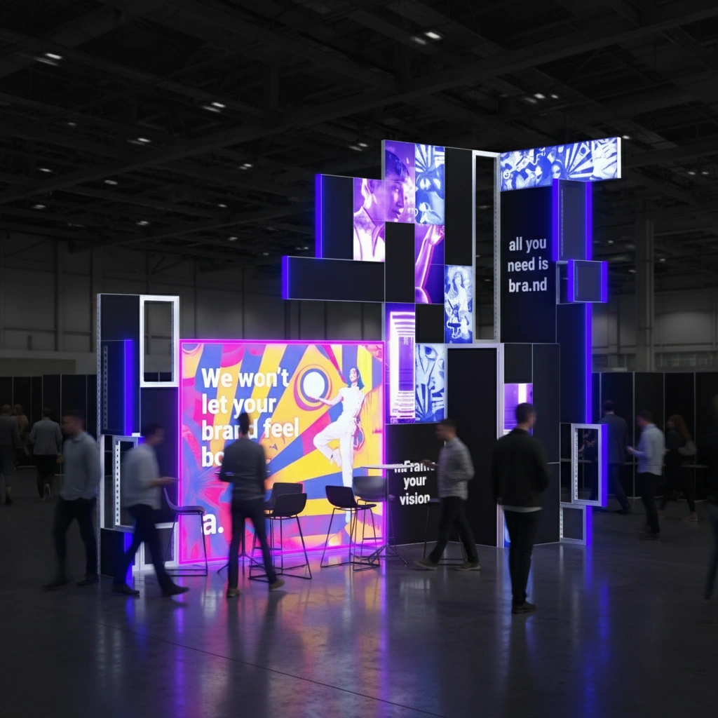Nowoczesne stoisko modułowe z podświetlanymi panelami LED, prezentujące dynamiczny design i elastyczną konstrukcję idealną na targi i eventy.