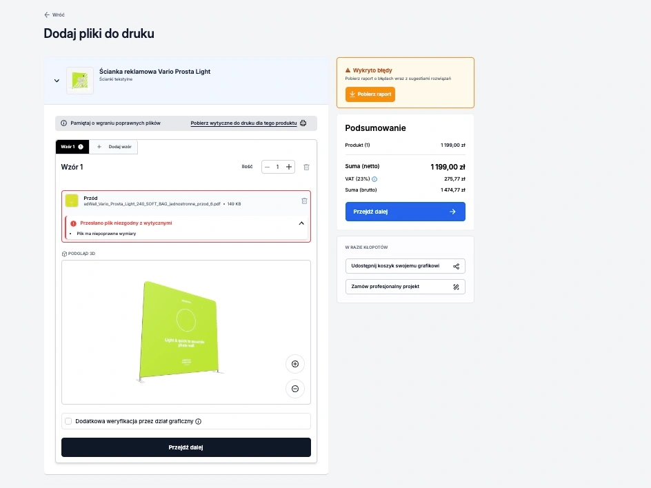 Komunikat o błędzie przy dodawaniu pliku do druku – system informuje o niezgodnych wymiarach i braku możliwości wyświetlenia podglądu 3D.