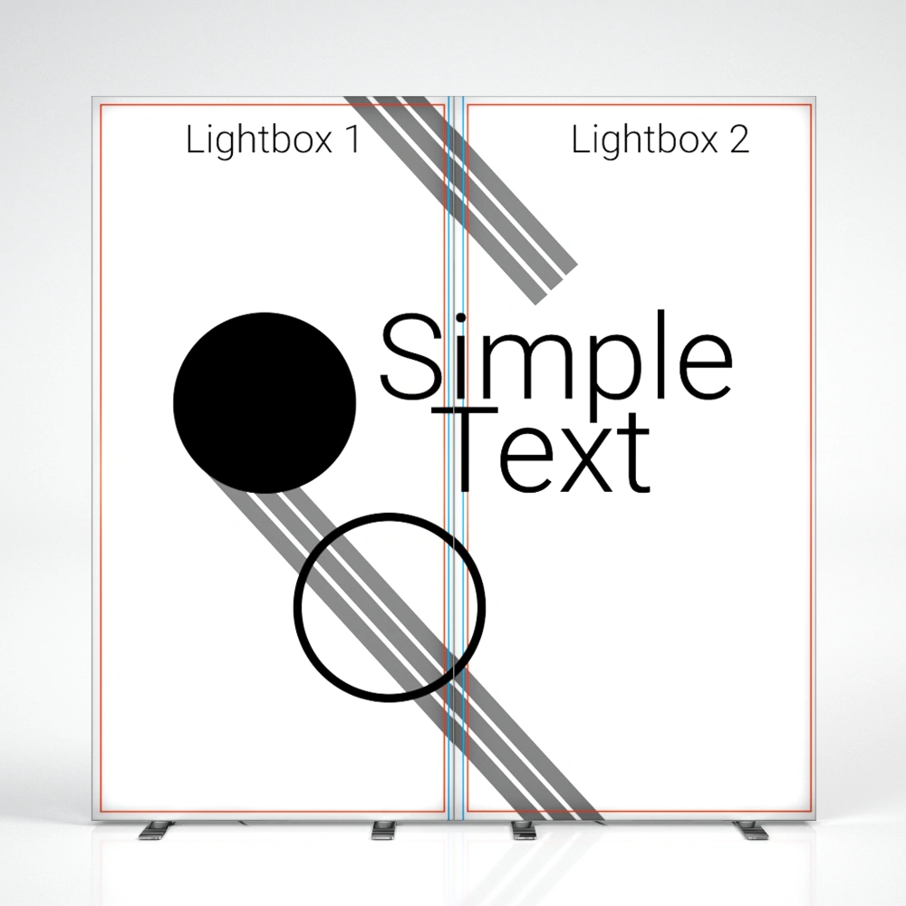 Schemat dwóch kasetonów LED z jedną wspólną grafiką, pokazujący poprawne przygotowanie plików pasowanych do druku z zachowaniem obszaru wspólnego.