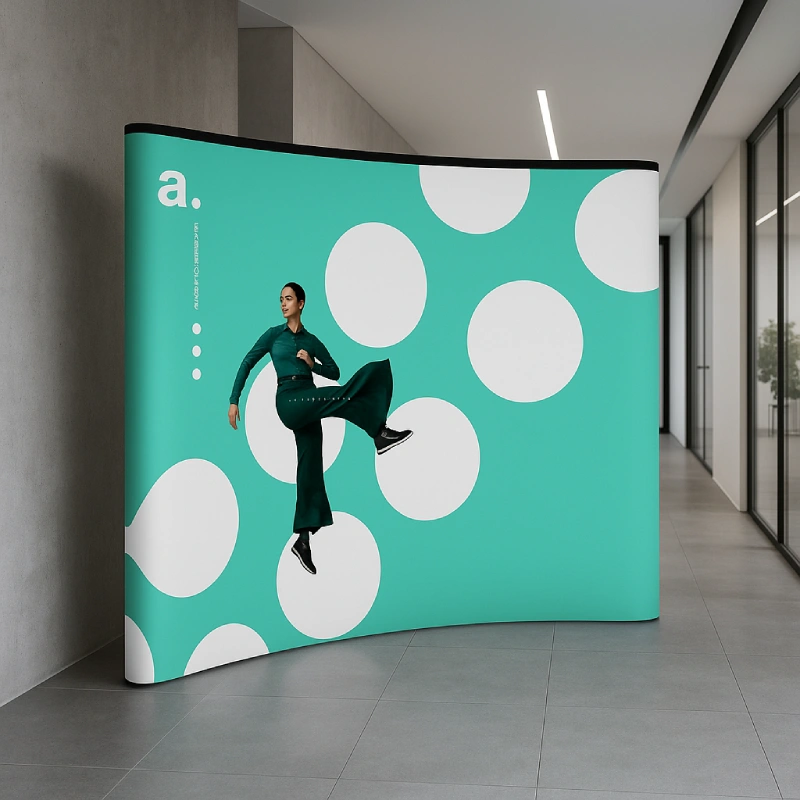 Stand parapluie installé dans un espace d’exposition, avec visuel grand format pour une communication percutante et professionnelle.