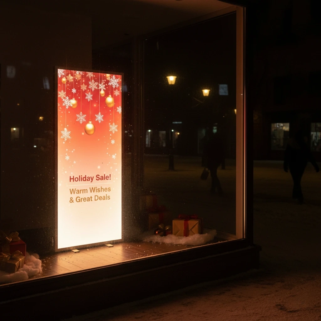 Podświetlany kaseton LED z świąteczną grafiką w witrynie sklepowej nocą, otoczony prezentami i zimową scenerią na zewnątrz.