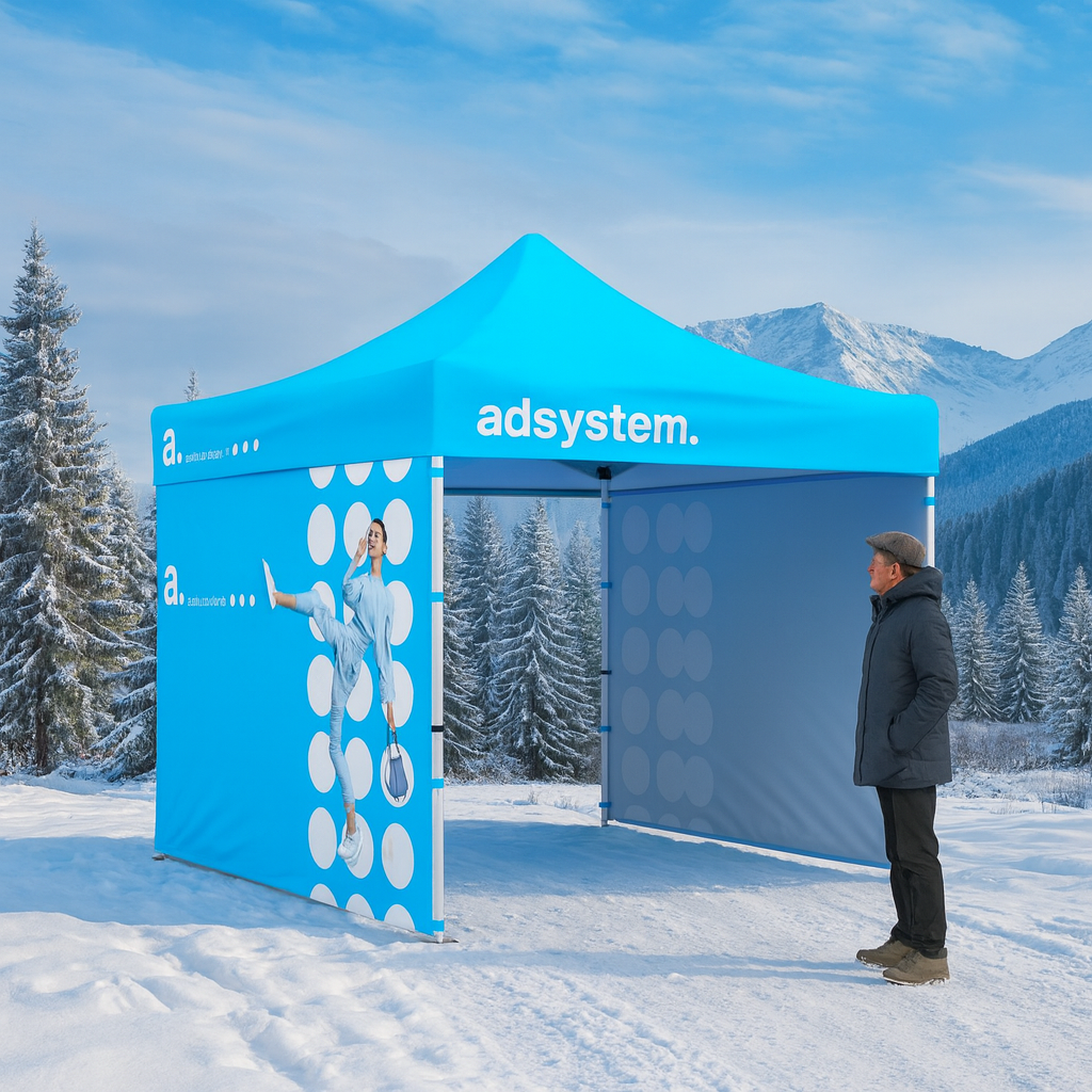 Tenda publicitária adsystem colocada numa paisagem montanhosa de inverno, rodeada de neve e árvores cobertas de neve, com um homem ao lado da estrutura