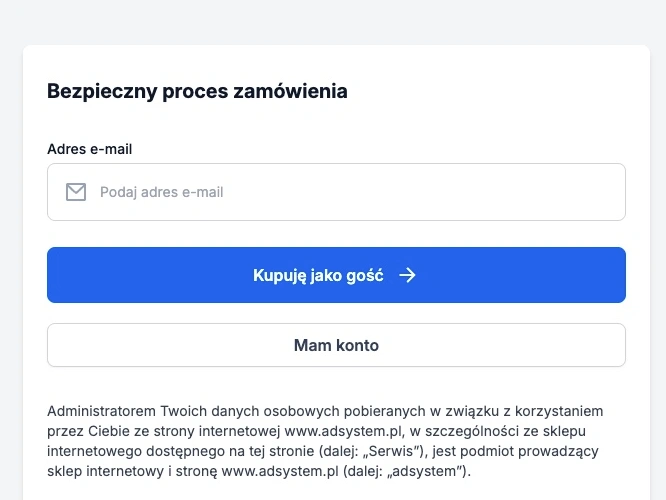 Ekran rozpoczęcia procesu zamówienia – pole do wpisania adresu e-mail oraz przycisk Kupuję jako gość lub logowanie na konto.