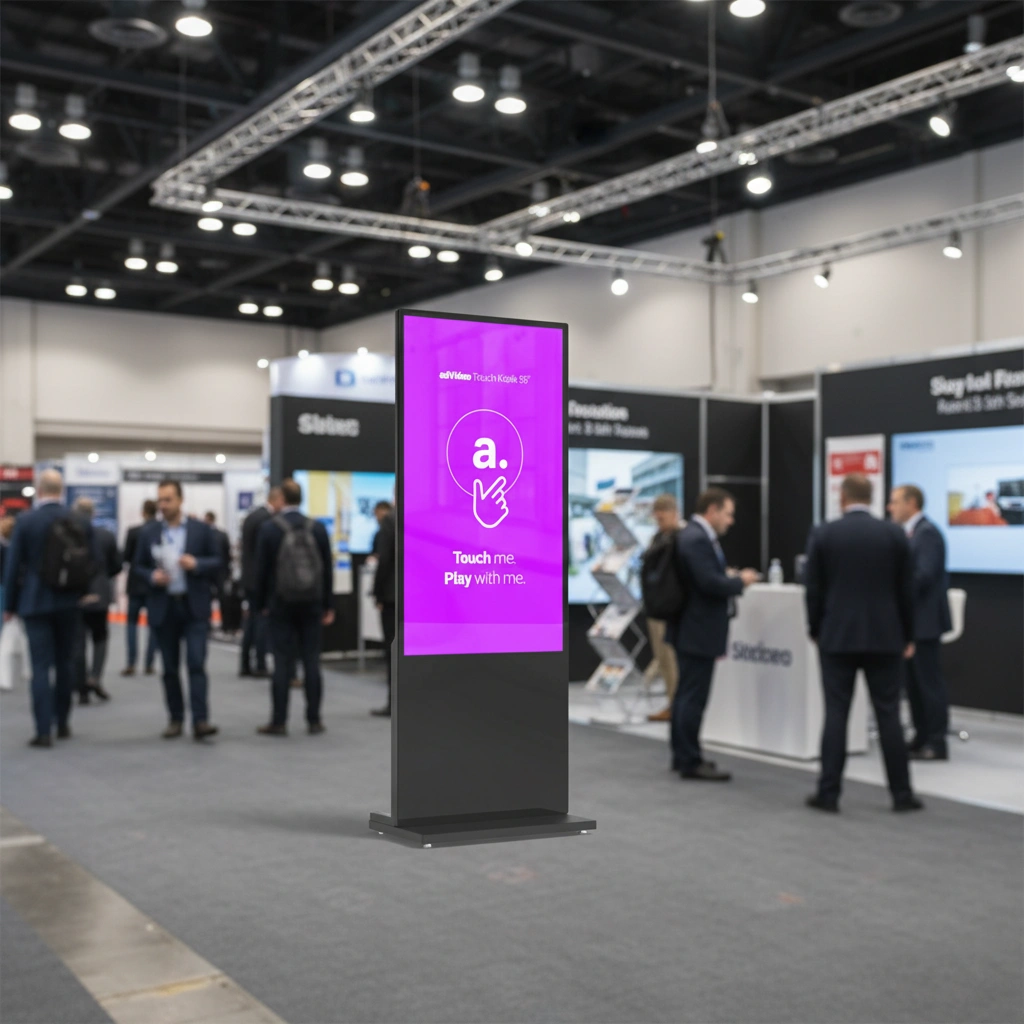 Kiosk multimedialny stojący w głównym ciągu komunikacyjnym targów, prezentujący treści dla odwiedzających.