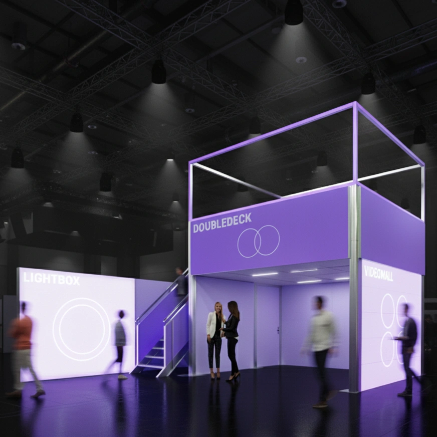 Nowoczesne stoiska targowe w układzie dwupoziomowym z podświetlanymi modułami.