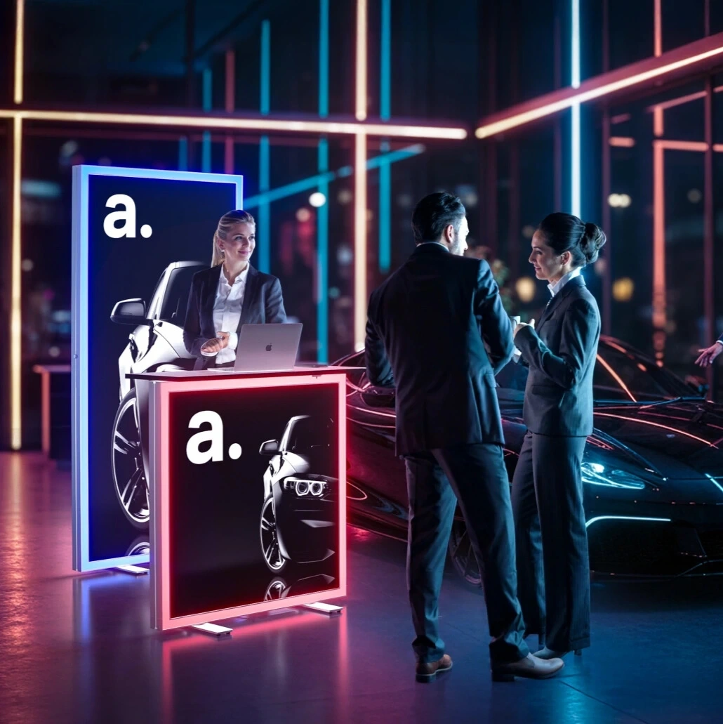 Nowoczesne stoisko wystawiennicze z podświetleniem RGB, z interakcją dwóch osób biznesowych w futurystycznym otoczeniu.