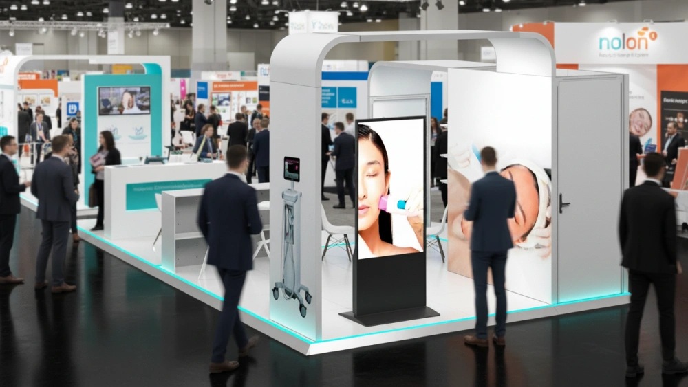 Stoisko modułowe o nowoczesnym designie z ekranami multimedialnymi i strefą prezentacji produktów, idealne dla branży kosmetycznej i medycznej.
