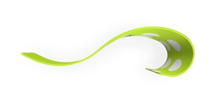 Widok z góry na ściankę reklamową o nieregularnym, falującym kształcie w kolorze neonowej zieleni, z białymi elementami graficznymi po wewnętrznej stronie.