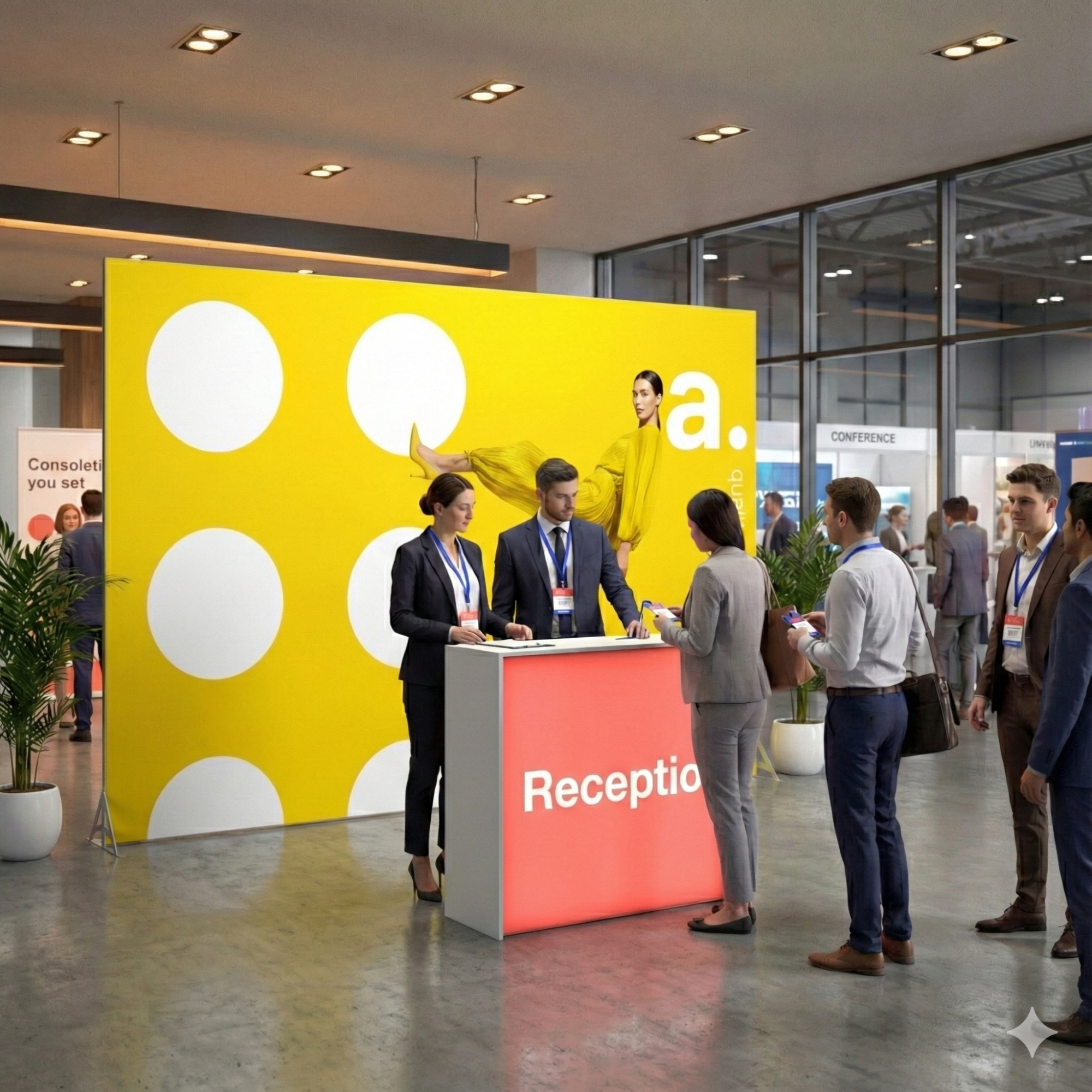 Recepcja targowa z trybunką podświetlaną i dużą żółtą ścianką graficzną w tle, przy której obsługa rejestruje uczestników wydarzenia.