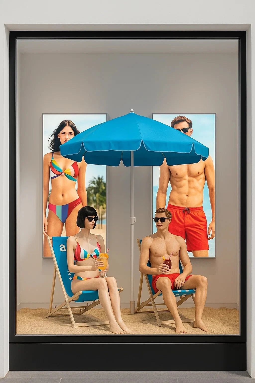 Manekiny w strojach plażowych siedzące na leżakach pod niebieskim parasolem w witrynie sklepowej. Na podłodze piasek, manekiny trzymają kolorowe drinki. Za nimi kasetony prezentujące kolekcję strojów kąpielowych z wizerunkami kobiety i mężczyzny.